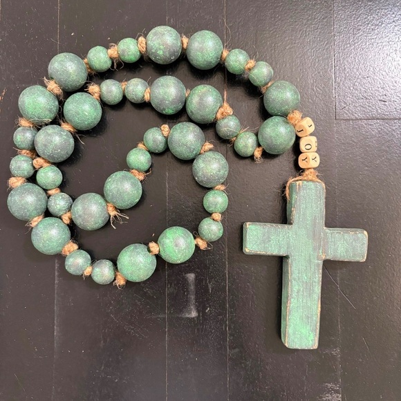 Rustic Wood Bead Garland With Reclaimed Wood Cross Holiday Decor Christmas Gift - Picture 1 of 7